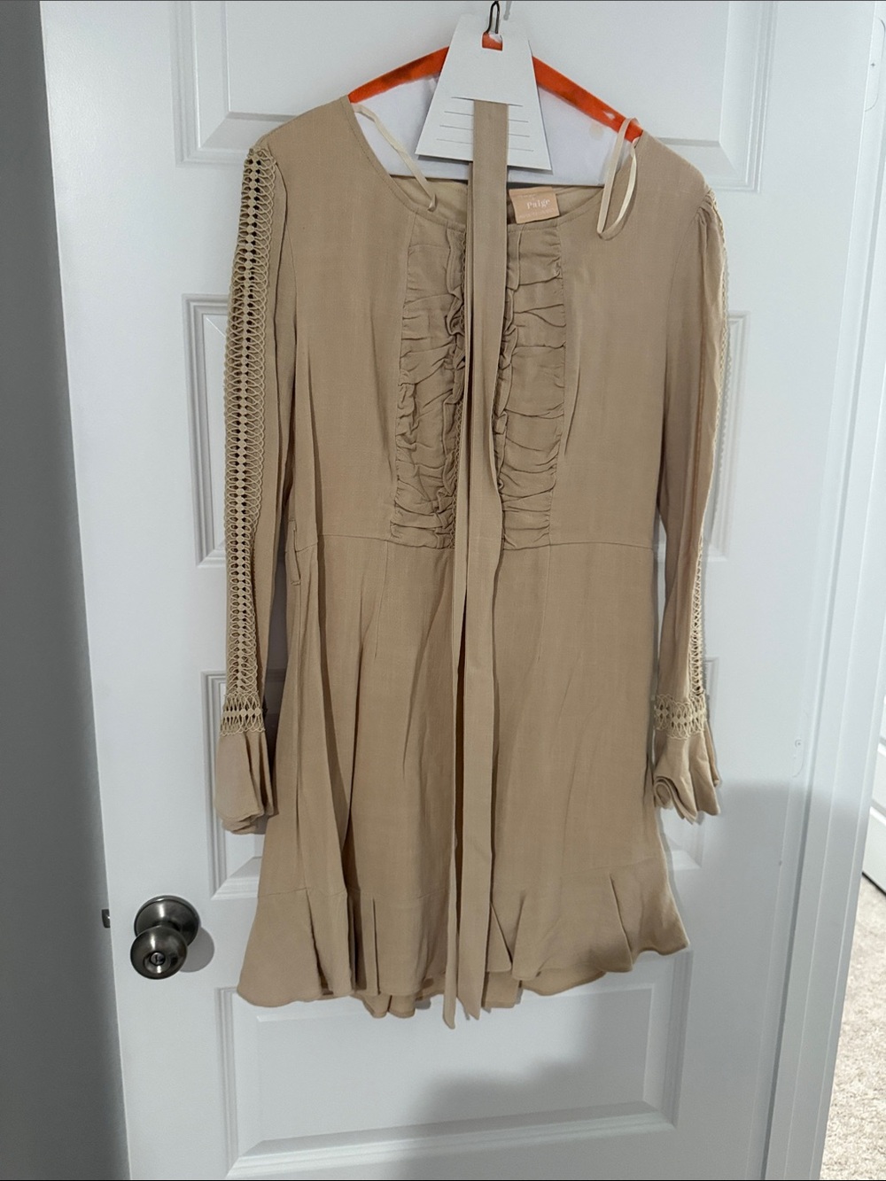 Beige Ruffled Long Sleeve Dress with Tie Neck